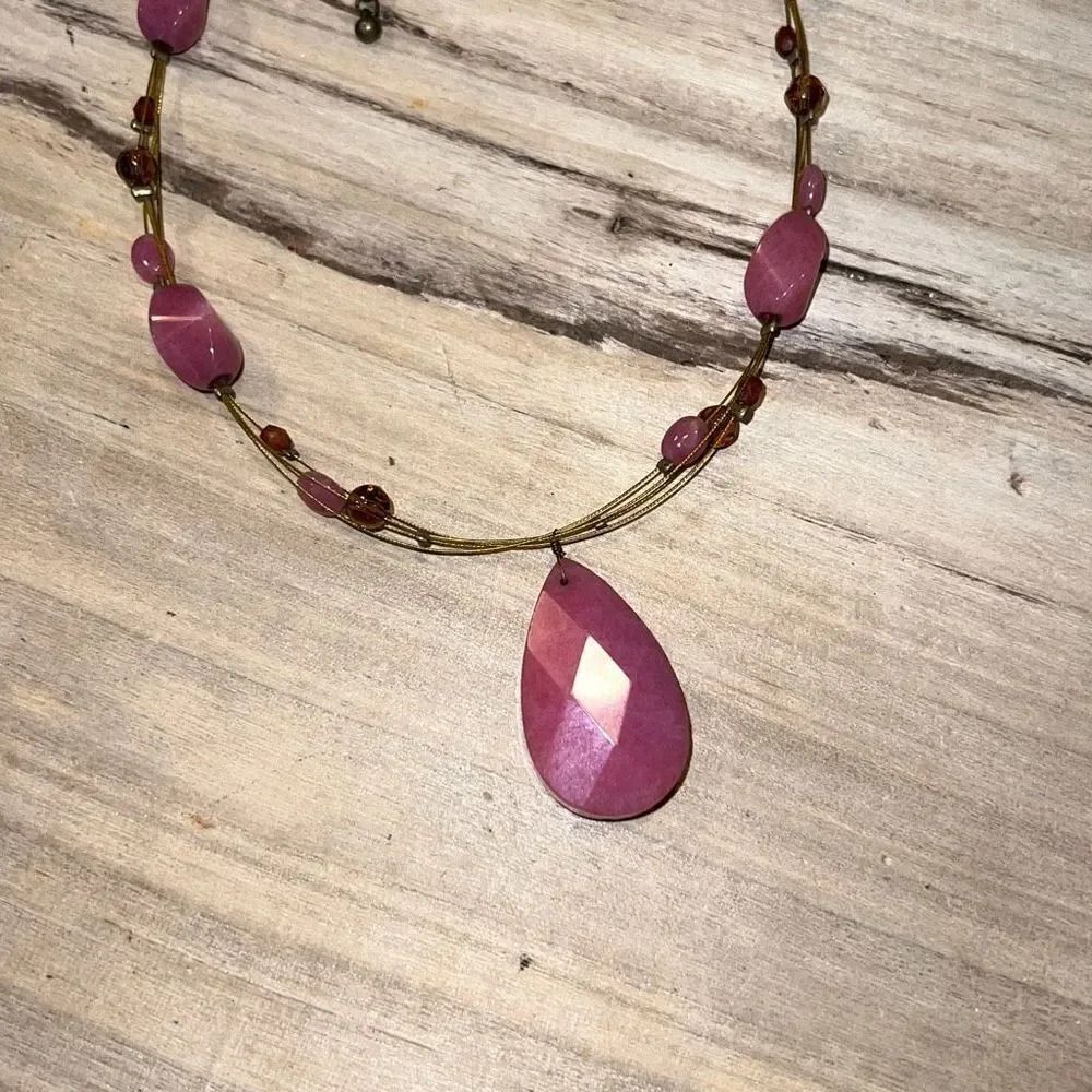 Pink Beaded Tear Drop Wire Wrapped Necklace